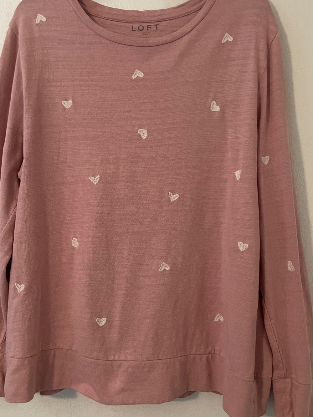 LOFT pink embroidered hearts 100% cotton sweatshirt long sleeve women’s XL